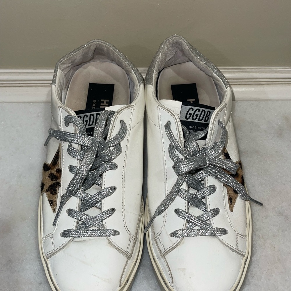 Golden Goose Hi Star Sneakers w/ Leopard Print Calf Hair Star and Glitter Heel - Picture 3 of 8